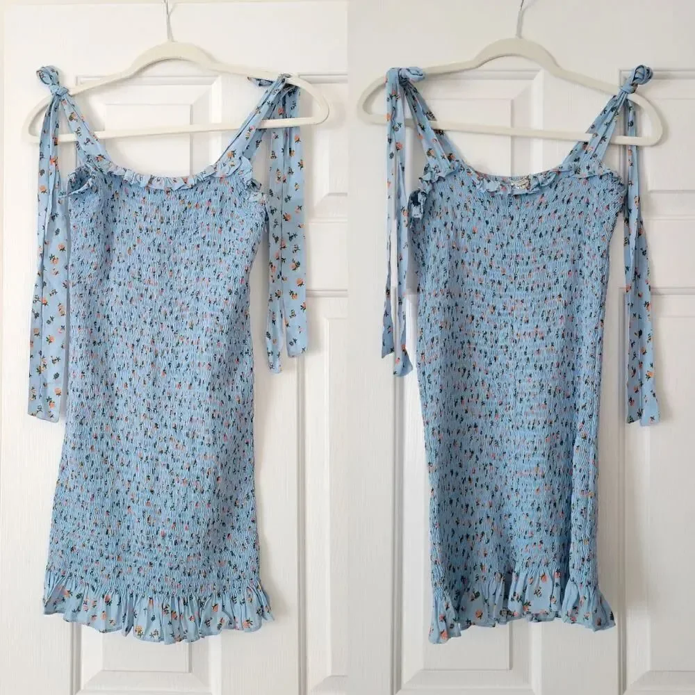 NWOT Free People bella smocked printed slip dress in sky blue